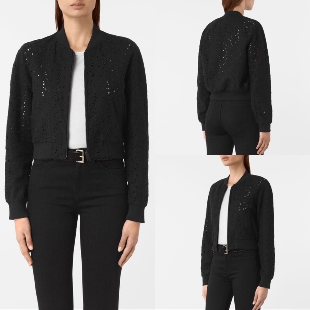 AllSaints Womens Baine Wool Eyelet Bomber Jacket in Black Size 10
